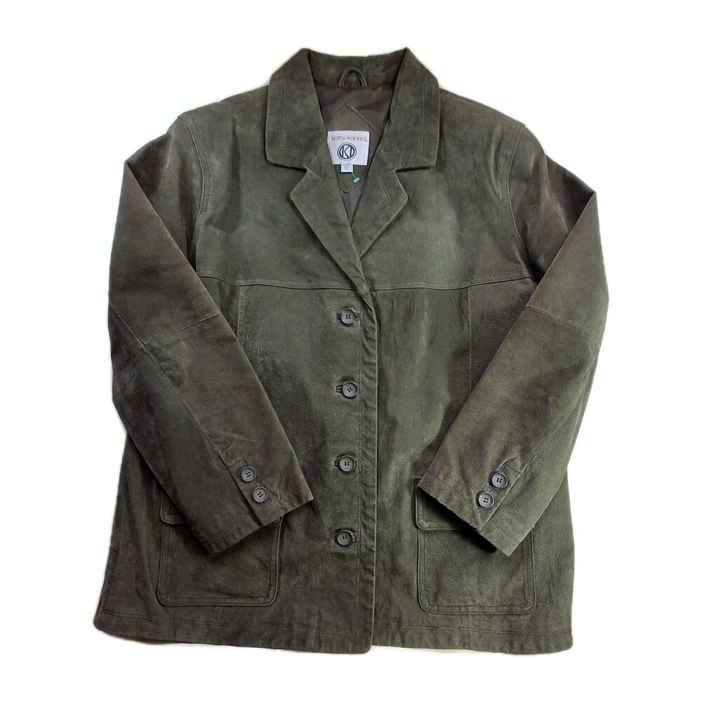 VTG Genuine Leather Green Suede Jacket Sz XL Dual Pocket Boxy Kathy Ireland
